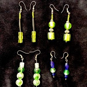 4 pairs of handmade green beaded earrings